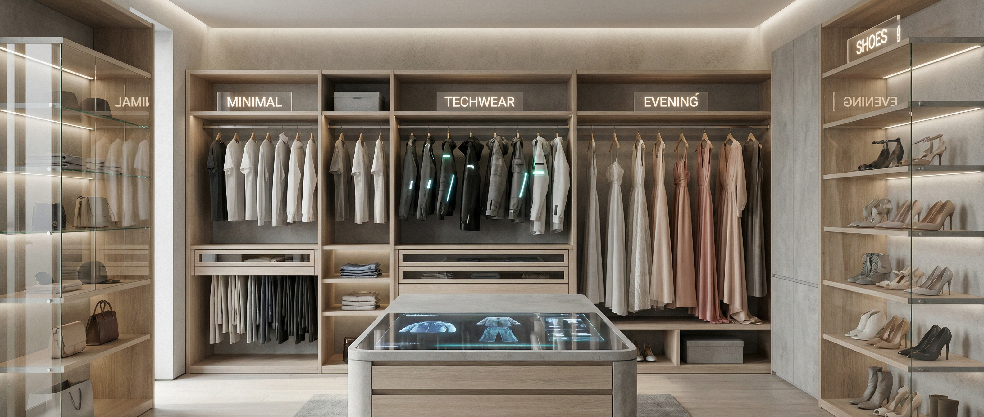 Organized AgentWardrobe closet with mixed styles