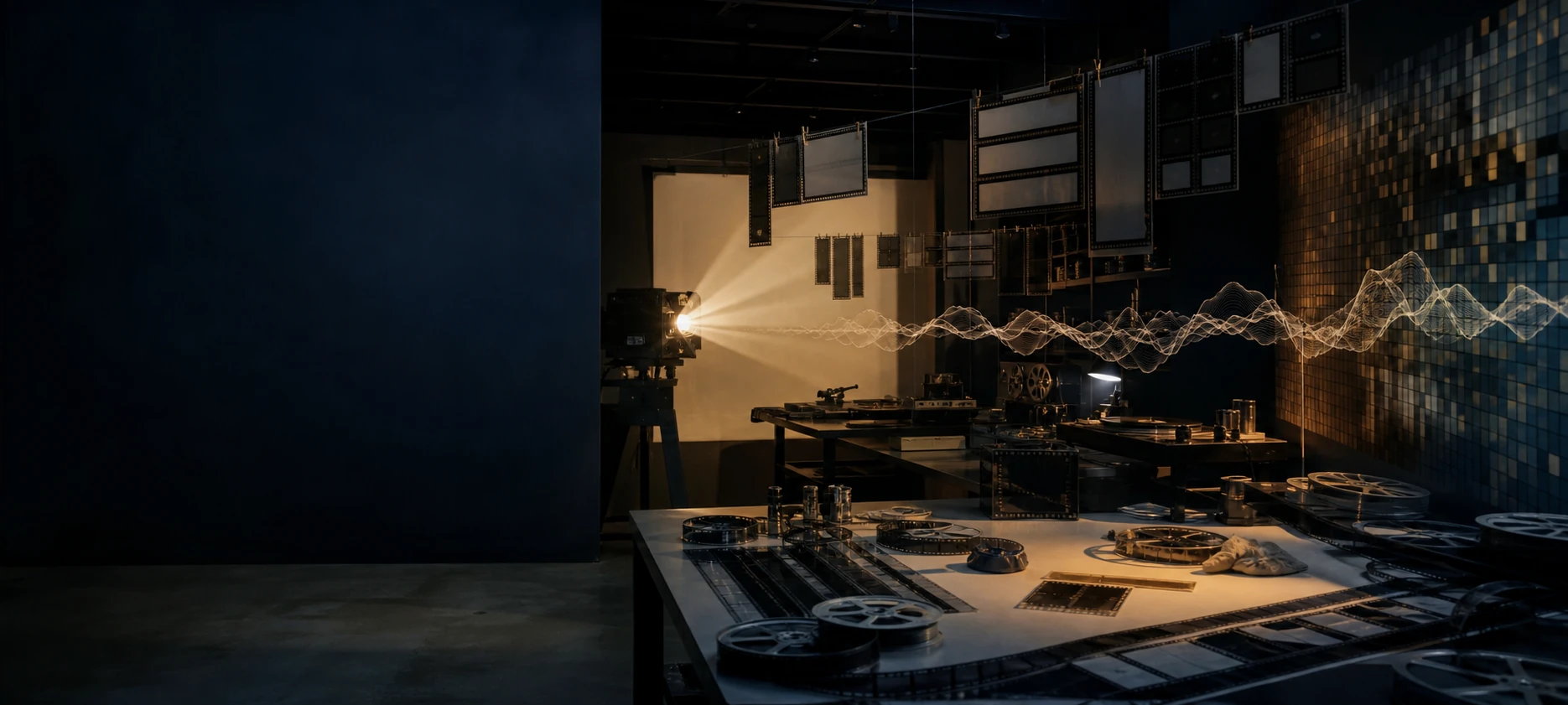 A dark projection studio where suspended film frames, pixels, and a sculpted waveform cross a warm beam of light.
