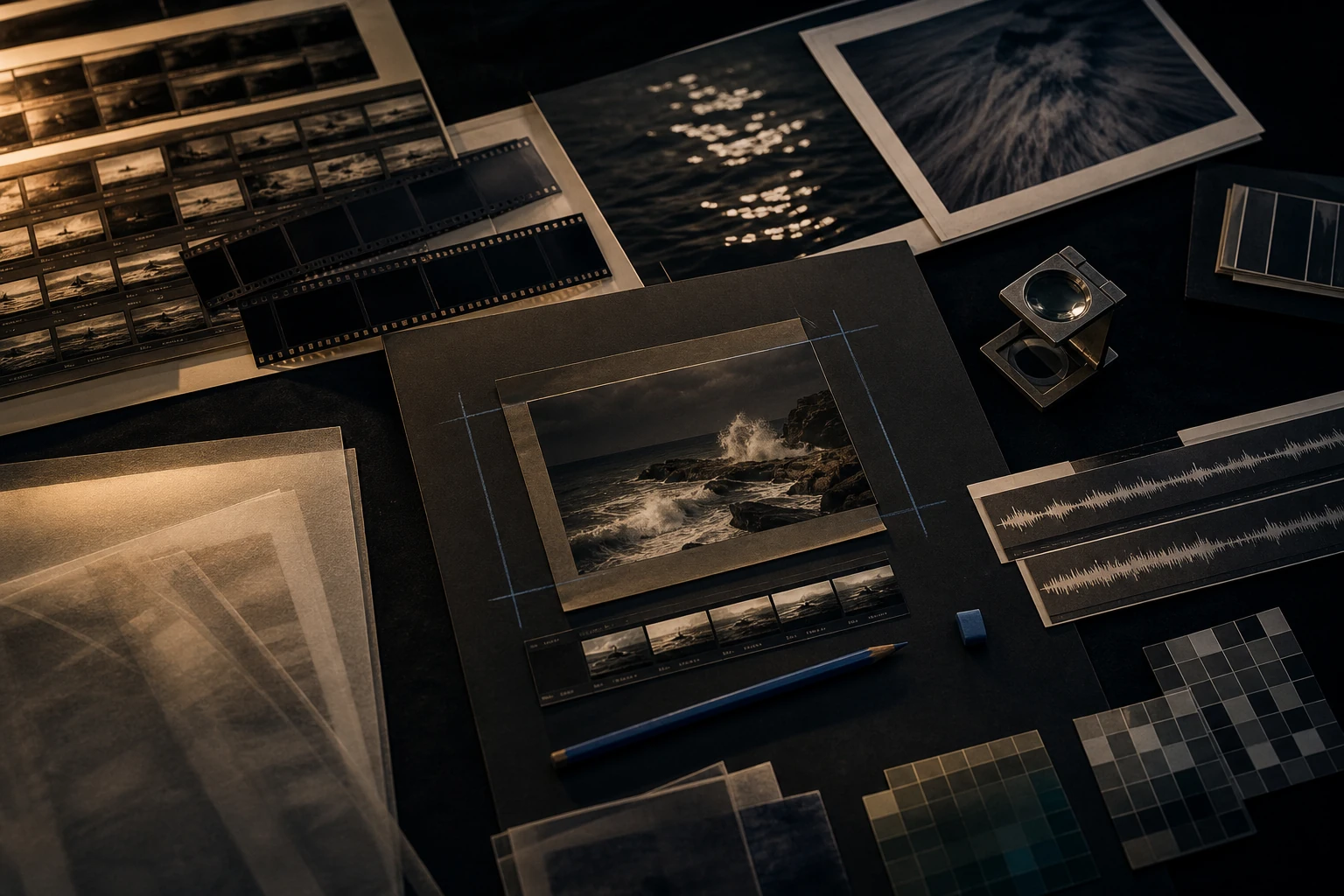 A dark editing table with contact sheets, film strips, crop marks, waveform strips, a loupe, and a blue pencil.