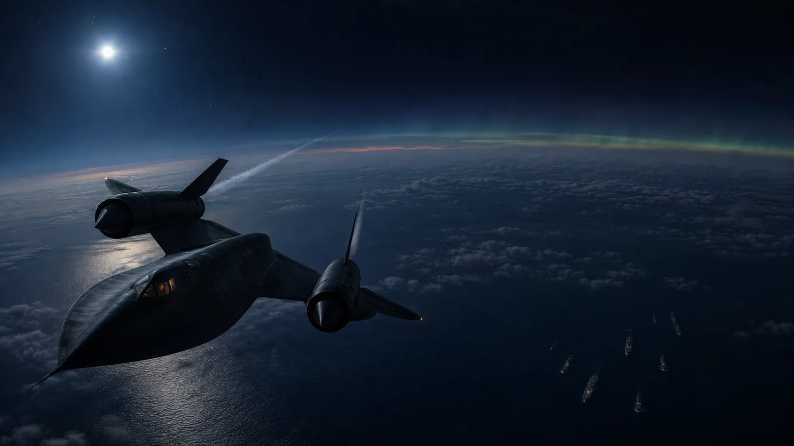 Original source render: An SR-71 passes above a moonlit ocean and a distant naval formation at night.