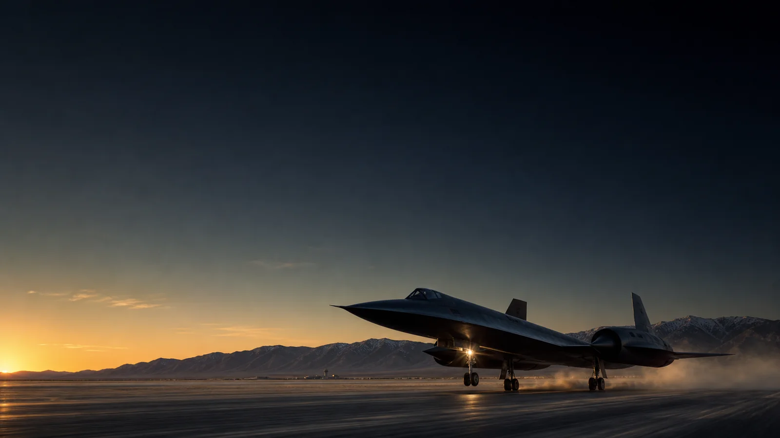 Original source render: An SR-71 accelerates along a desert runway at sunrise, kicking up dust behind it.