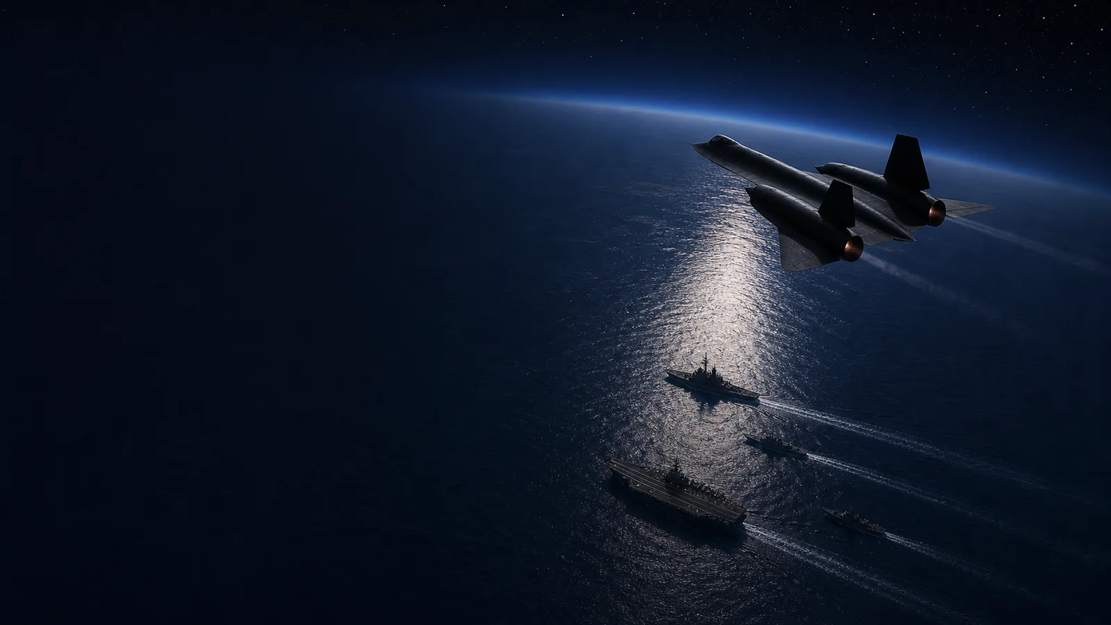 Original source render: An SR-71 climbs above moonlit ships and a dark ocean beneath the curve of the horizon.