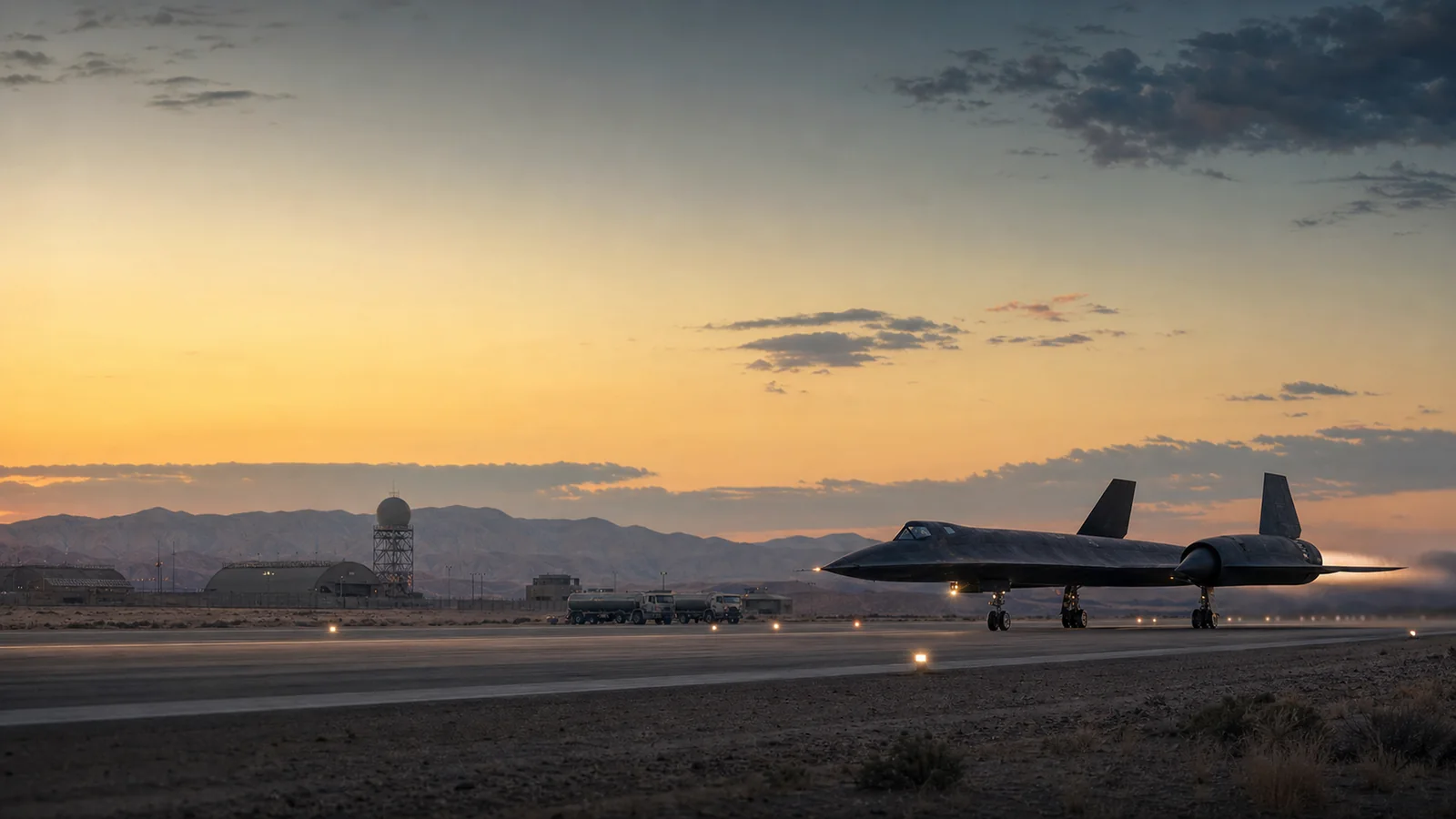 Original source render: An SR-71 returns to a desert runway beside radar equipment under a gold morning sky.