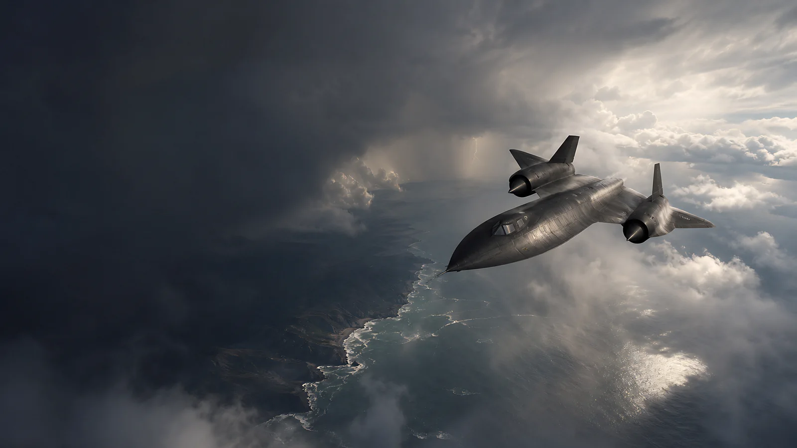 An upscaled SR-71 banks between storm clouds and sunlight above the coast.
