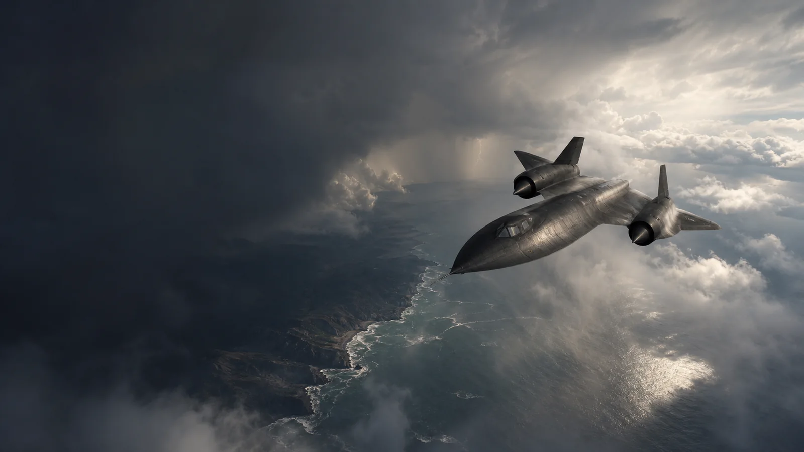 Original source render: An SR-71 banks between a dark storm front and bright clouds above a rugged coast.