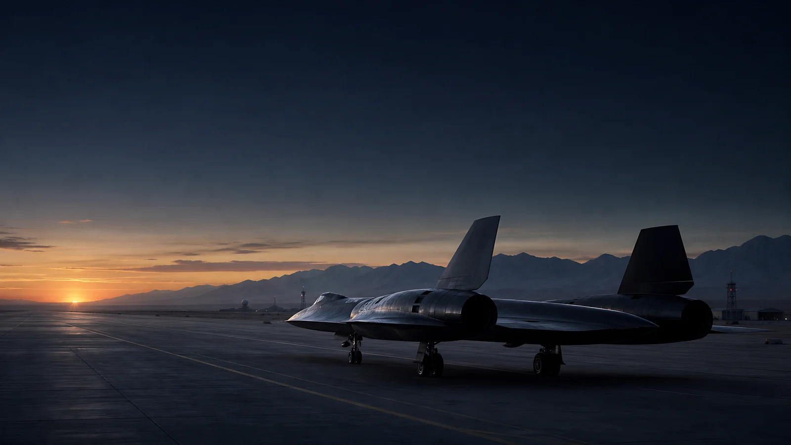 An upscaled SR-71 rests on a desert runway at sunrise.