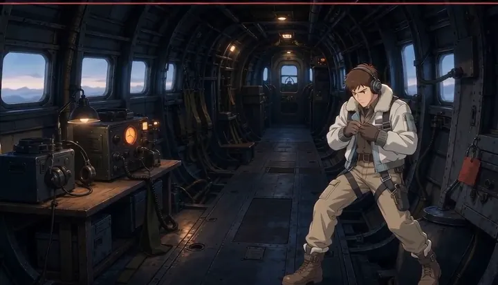 A flight-suited crew member moves through the narrow bomber interior. Sample 1 · frame 0076.