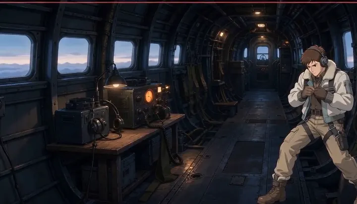A flight-suited crew member moves through the narrow bomber interior. Sample 2 · frame 0112.
