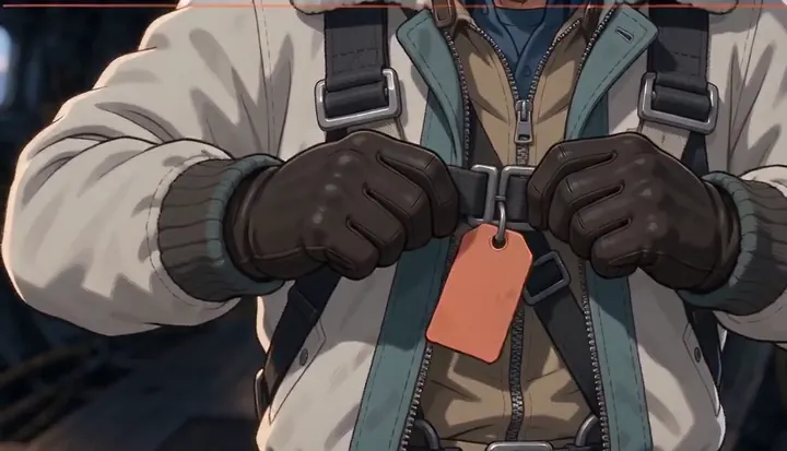 Gloved hands fasten the straps of a flight harness. Sample 2 · frame 0148.