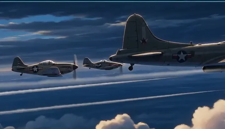Bombers and fighters cross a bright layer of cloud. Sample 2 · frame 0108.
