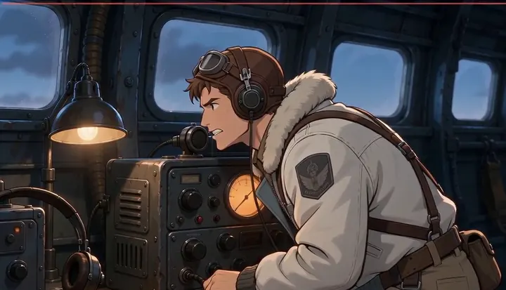 A radio operator leans toward gauges and a microphone. Sample 3 · frame 0216.
