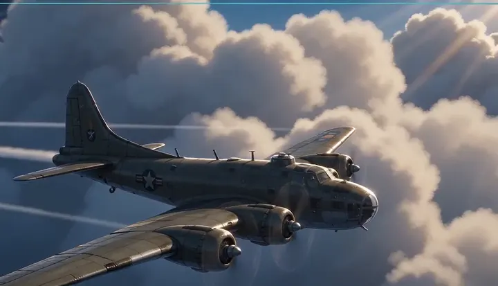 A bomber formation passes between tall clouds. Sample 2 · frame 0163.