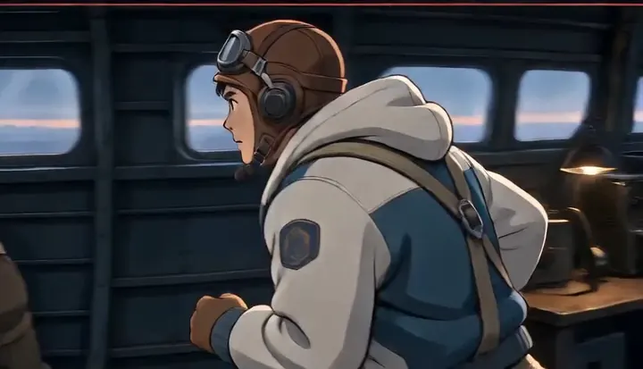 A crew member turns toward the windows inside the bomber. Sample 2 · frame 0108.