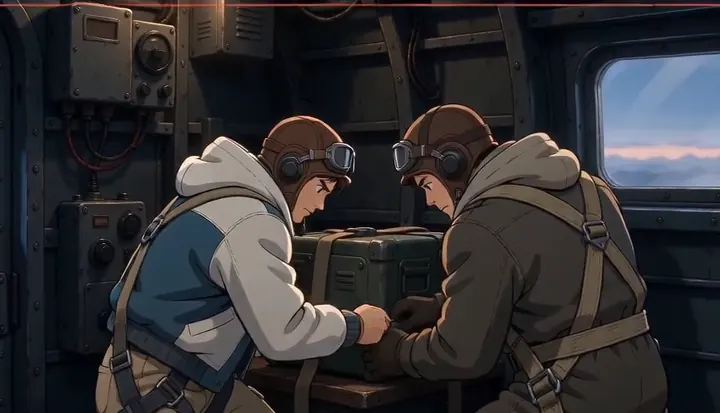 A crew member turns toward the windows inside the bomber. Sample 3 · frame 0200.