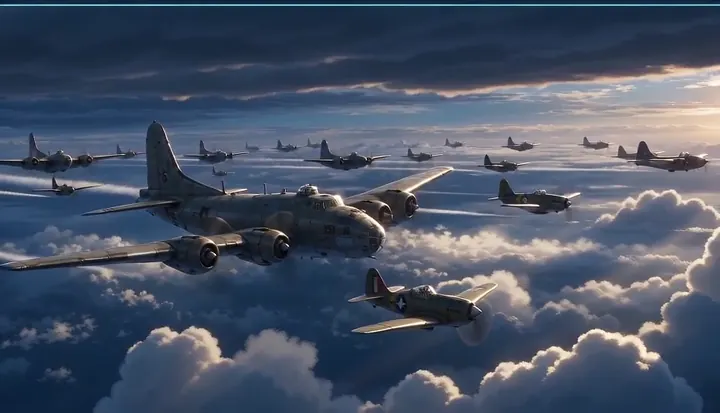 A large formation crosses above sunlit clouds. Sample 2 · frame 0107.