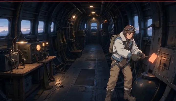 A crew member steadies himself beside equipment in the bomber. Sample 1 · frame 0072.