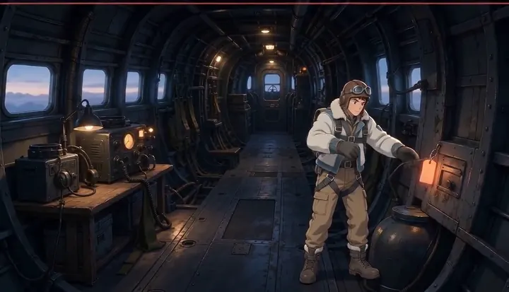 A crew member steadies himself beside equipment in the bomber. Sample 2 · frame 0112.