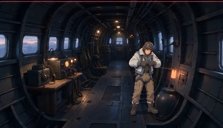 A crew member steadies himself beside equipment in the bomber. Sample 3 · frame 0148.