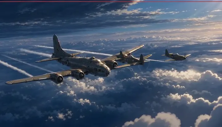 A bomber and escort aircraft fly over broken cloud. Sample 1 · frame 0096.