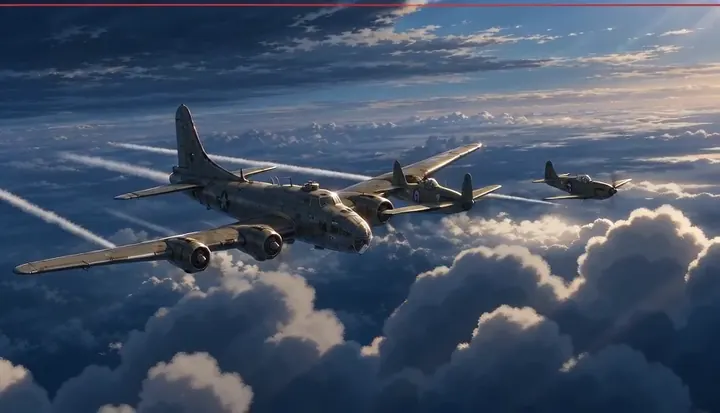 A bomber and escort aircraft fly over broken cloud. Sample 3 · frame 0176.