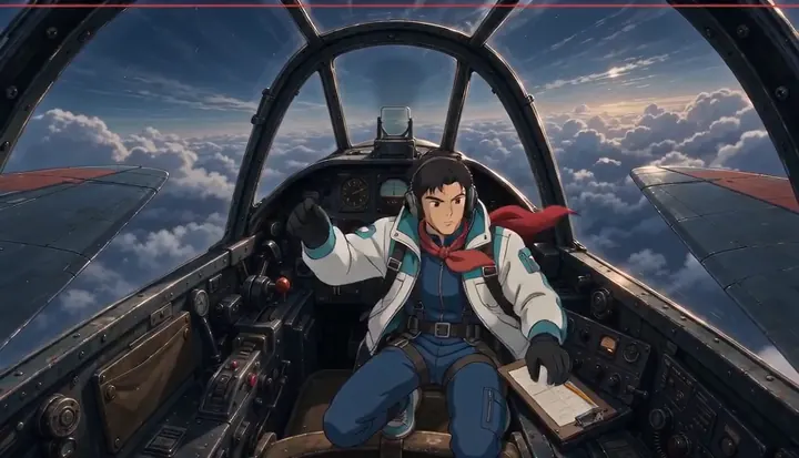 A pilot checks controls in the fighter cockpit. Sample 1 · frame 0032.