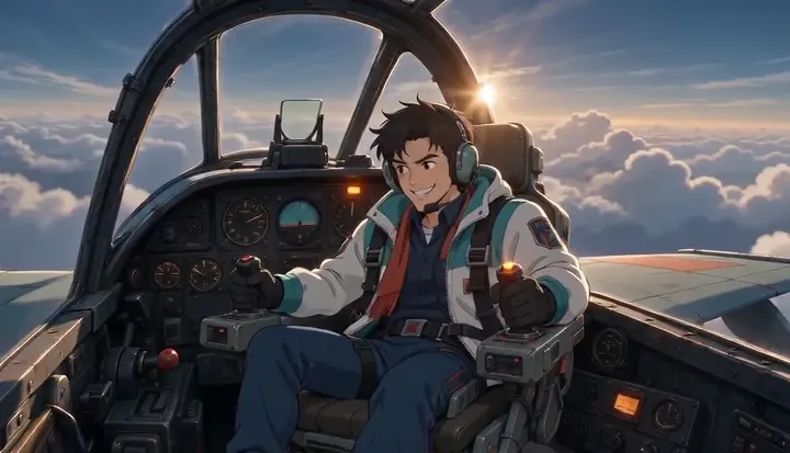A pilot grips the controls with sunlight behind him. Sample 1 · frame 0088.