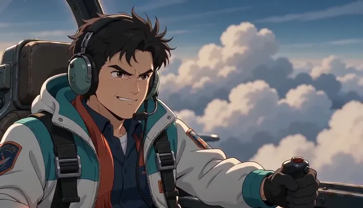 A pilot grips the controls with sunlight behind him. Sample 3 · frame 0216.
