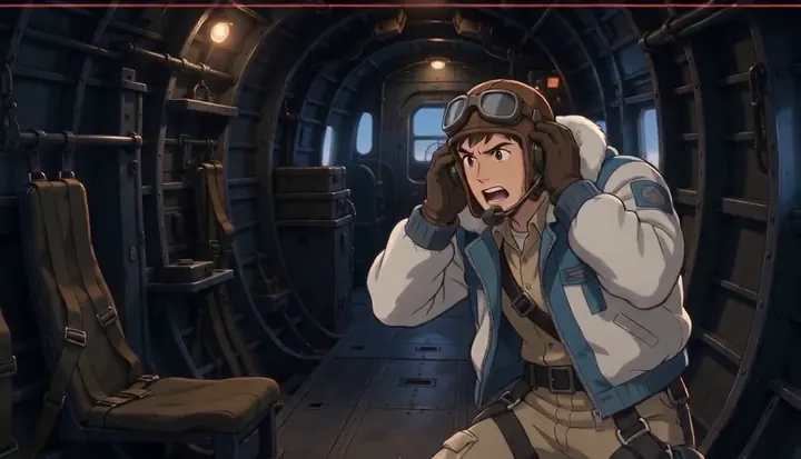 A crew member braces in the bomber cabin. Sample 3 · frame 0210.