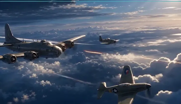 Tracer fire crosses the sky beneath two fighters. Sample 1 · frame 0064.