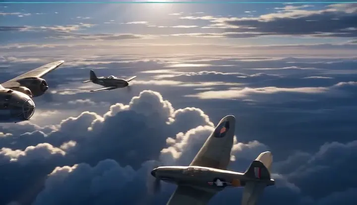 Tracer fire crosses the sky beneath two fighters. Sample 3 · frame 0168.
