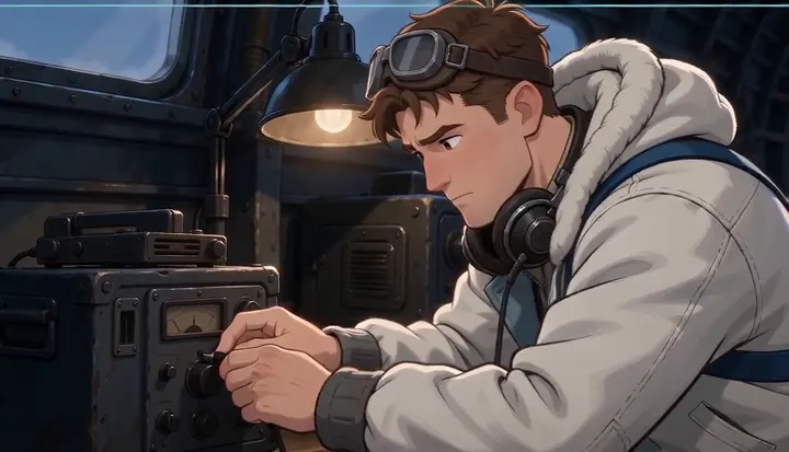 A radio operator grips a microphone inside the bomber. Sample 2 · frame 0162.