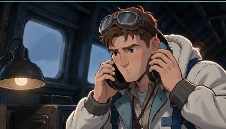 A radio operator grips a microphone inside the bomber. Sample 3 · frame 0204.