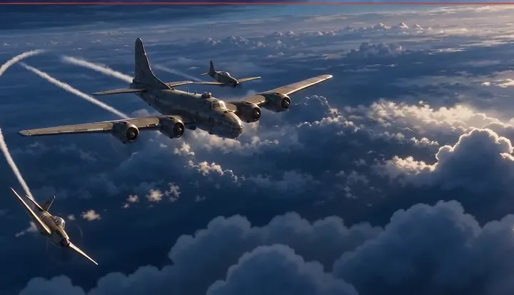 Aircraft peel away from a bomber formation. Sample 3 · frame 0208.