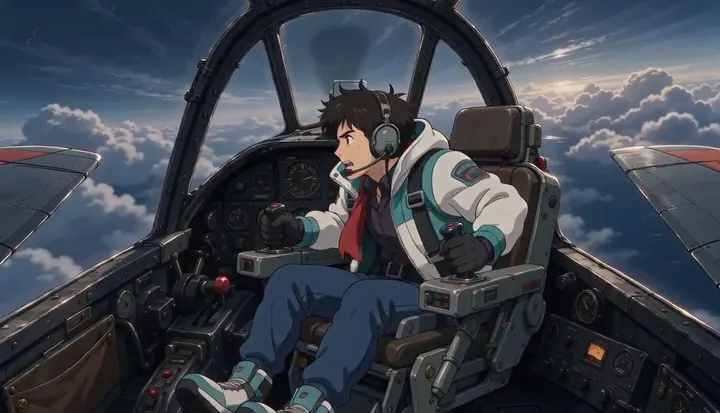 A pilot banks the fighter above the clouds. Sample 1 · frame 0099.