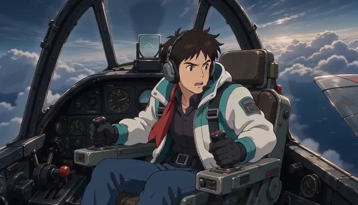 A pilot banks the fighter above the clouds. Sample 2 · frame 0156.