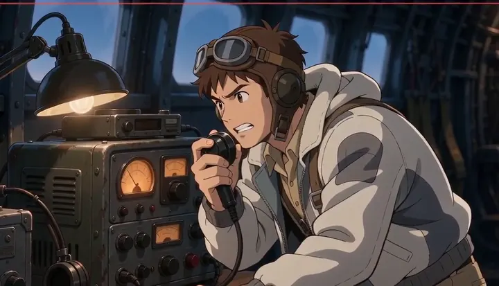 A radio operator speaks into a handheld microphone. Sample 3 · frame 0187.