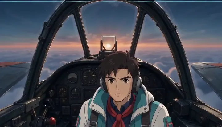 A seated pilot faces an open notebook inside the fighter cockpit. Sample 3 · frame 0156.