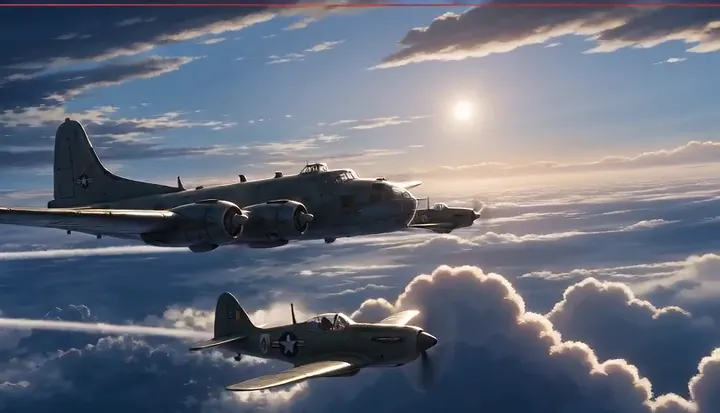 A bomber and fighter fly in close formation. Sample 1 · frame 0052.