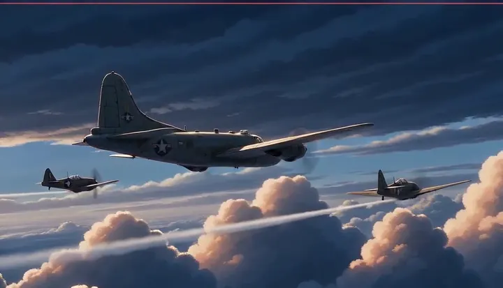 A bomber and fighter fly in close formation. Sample 3 · frame 0148.