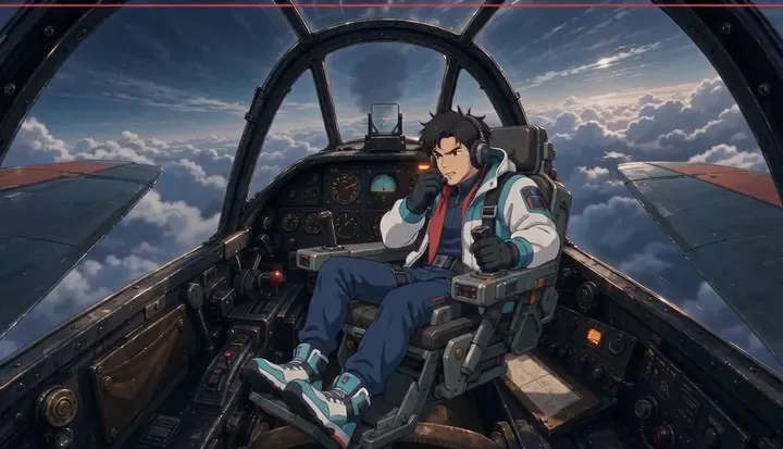 A pilot looks back across the wing during flight. Sample 1 · frame 0030.