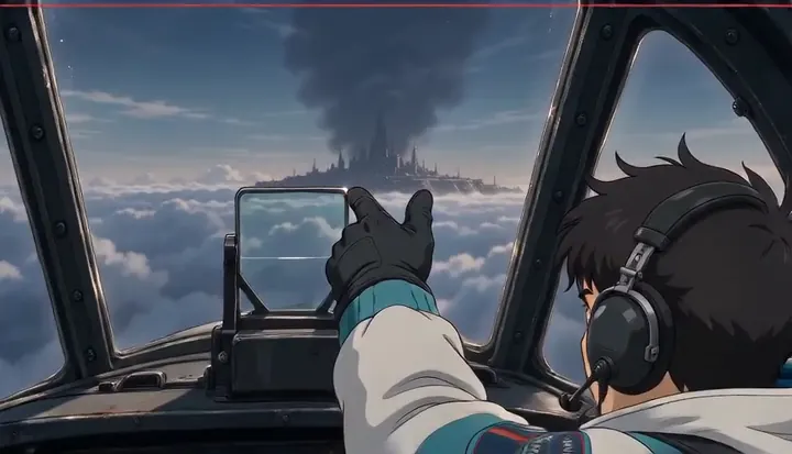 A pilot looks back across the wing during flight. Sample 3 · frame 0192.