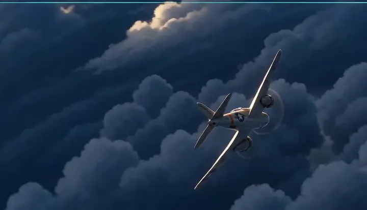Aircraft bank over a towering cloud bank. Sample 3 · frame 0148.