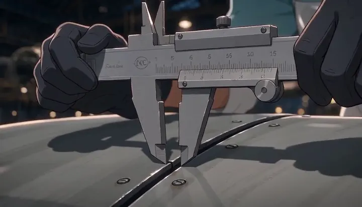 A worker runs a tool across the riveted skin of a bomber wing. Sample 1 · frame 0048.