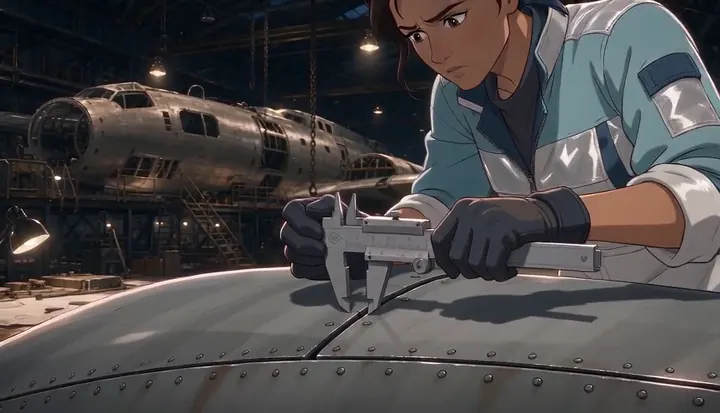 A worker runs a tool across the riveted skin of a bomber wing. Sample 2 · frame 0120.