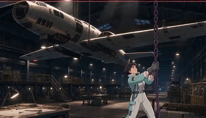 A worker guides an overhead hoist beneath a suspended bomber. Sample 2 · frame 0083.
