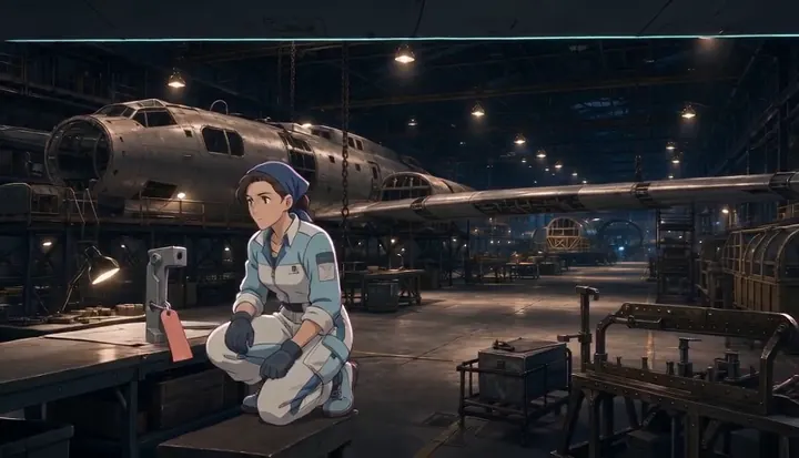 A worker sits on a crate beside tools and an unfinished bomber. Sample 2 · frame 0084.