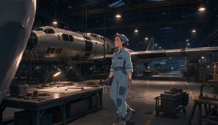 A worker looks up at the broad side of a bomber fuselage. Sample 1 · frame 0030.