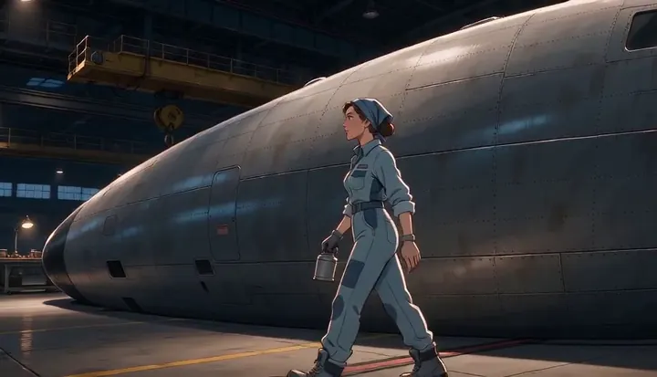 A worker looks up at the broad side of a bomber fuselage. Sample 3 · frame 0216.
