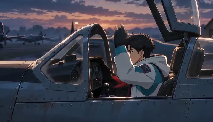 A pilot lifts a hand from an open fighter cockpit at sunrise. Sample 2 · frame 0100.