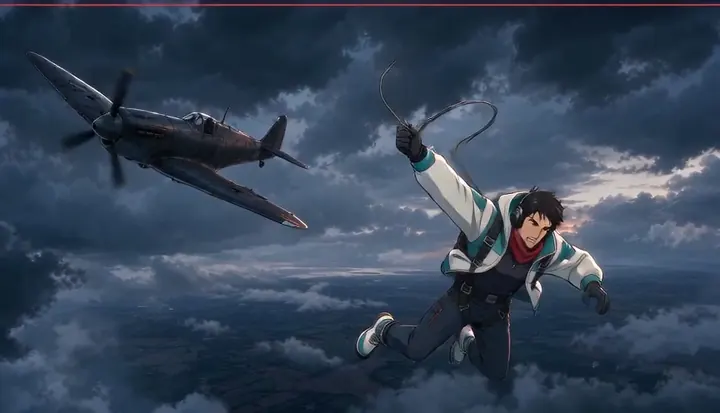 A round parachute opens beneath a passing aircraft. Sample 1 · frame 0040.